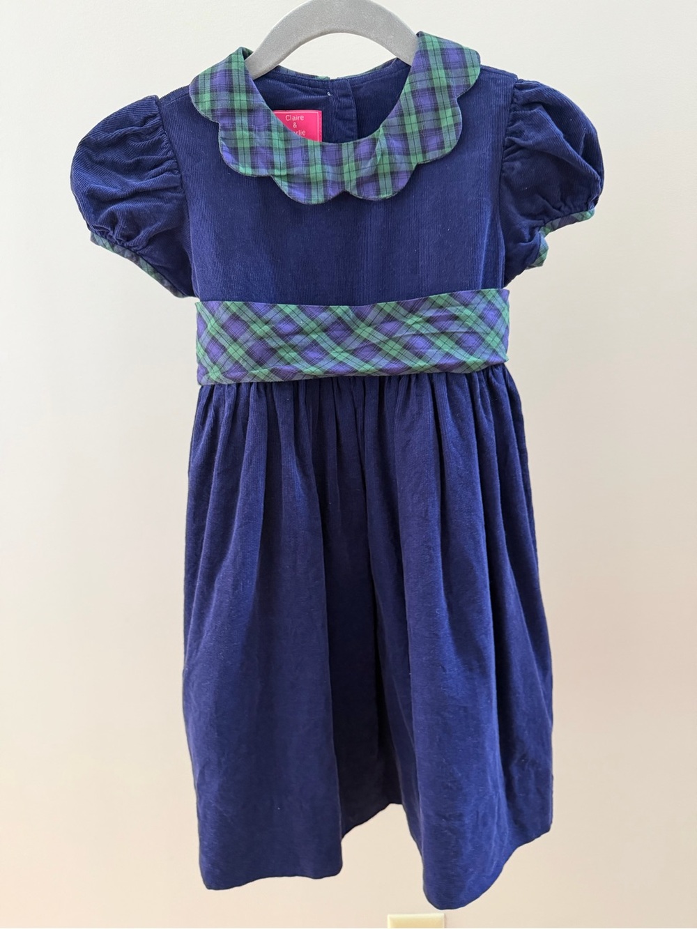 Claire & Charlie Girls Size 4 Navy Corduroy Plaid Peter Pan Collar Holiday Dress